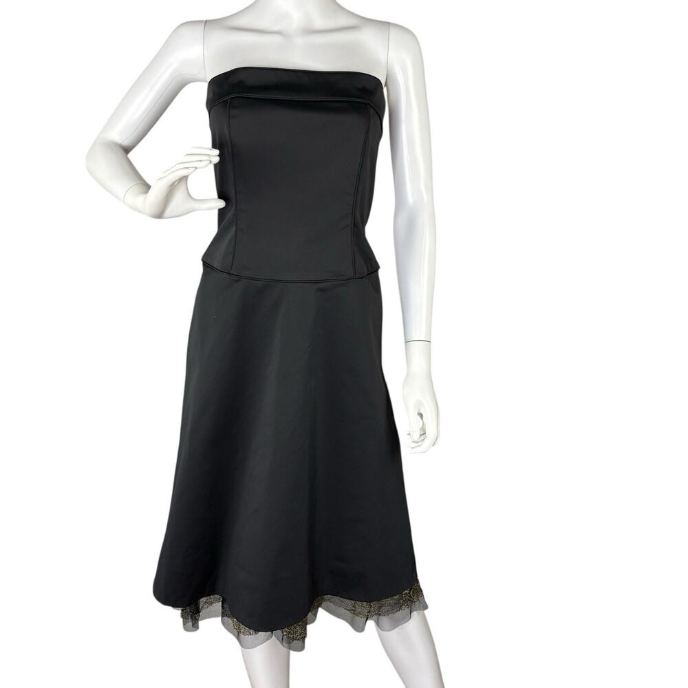 Y2K Strapless Satin Fit Flare Dress Coquette Minimalist Clean Goth Black Size 6